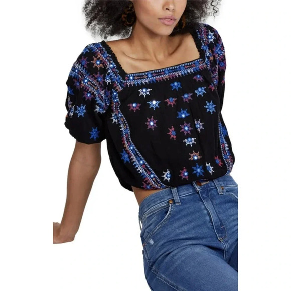 Free People Aurora Embroidered Blouson Top In Black Size Small - Picture 1 of 11